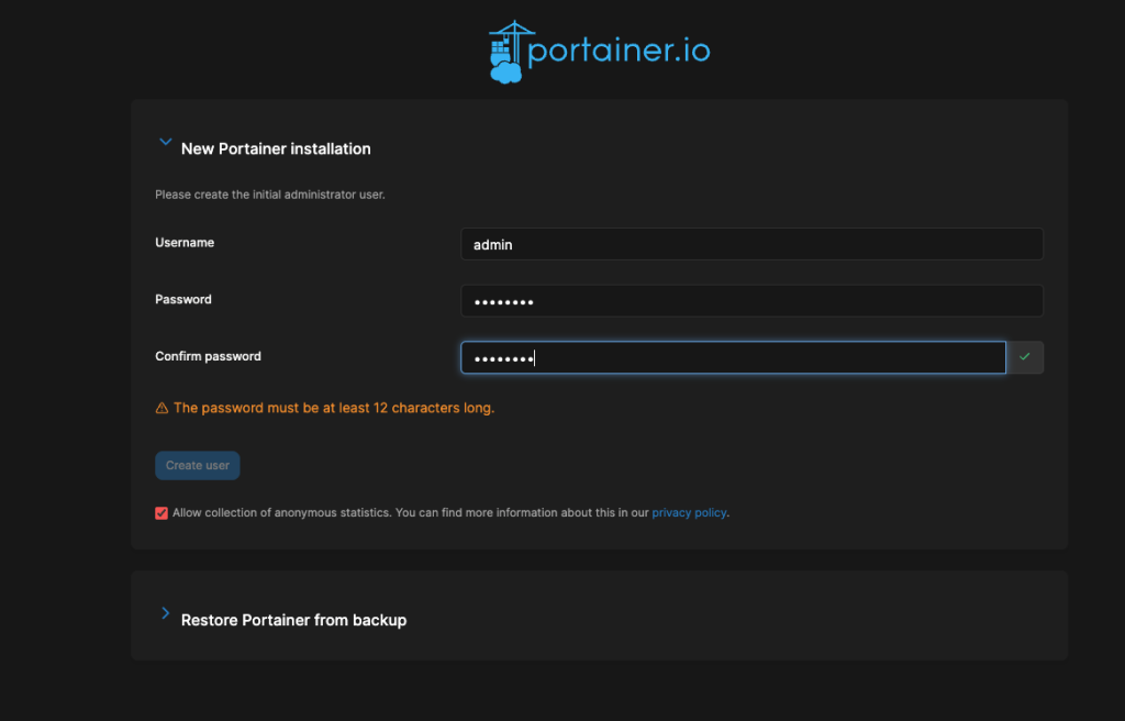 Kullanıcı oluşturma ekranı portainer