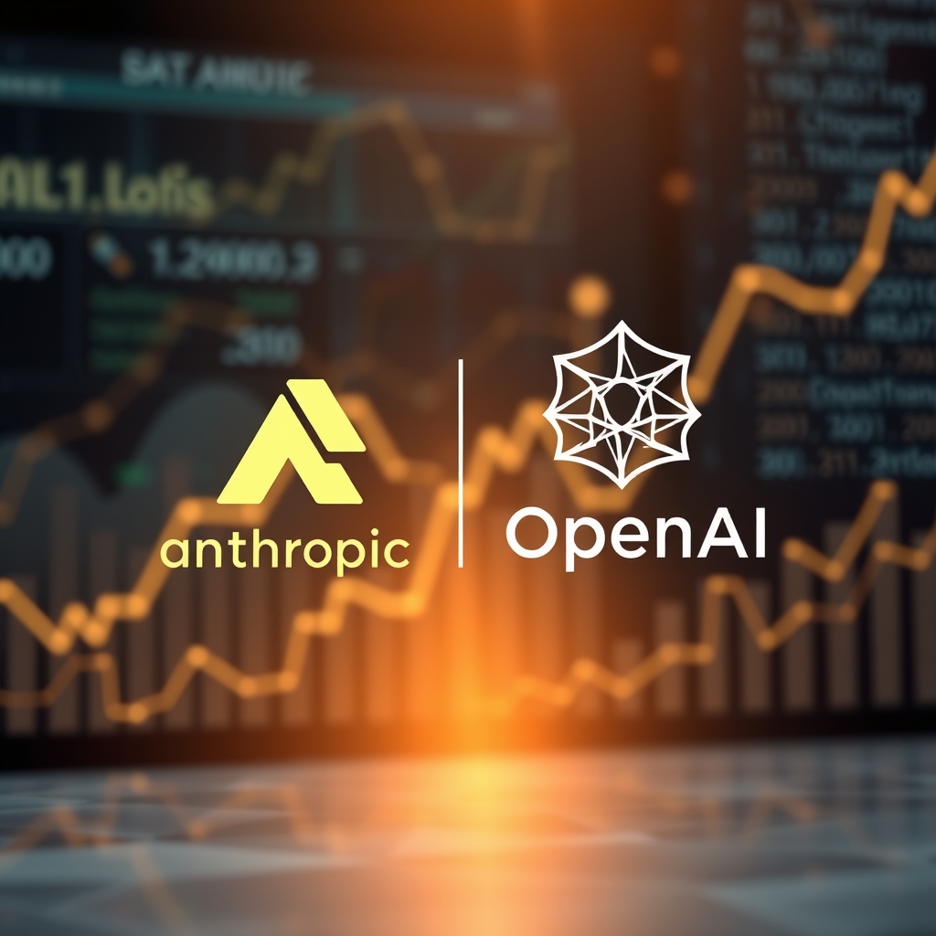 Anthropic ve OpenAI'ın kurumsal yapay zeka pazarındaki yükselişini gösteren finansal grafikler ve yapay zeka ikonları.