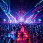 Hallucinate platformunda devasa çok oyunculu çevrimiçi rave etkinliği, fütüristik ve neon ışıklı sanal ortam.