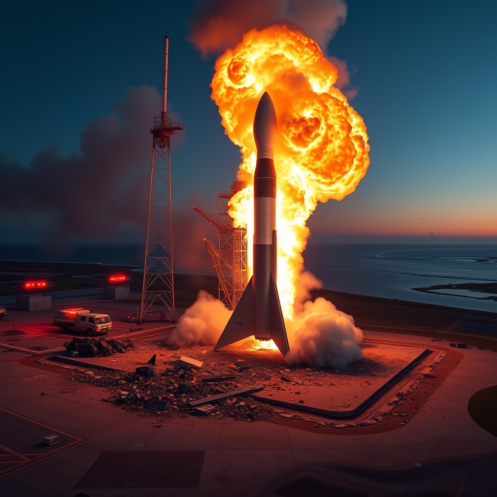 Florida'daki Cape Canaveral'da statik ateşleme testi sırasında patlayan Blue Origin New Glenn roketi, devasa bir alev topuyla gökyüzünü aydınlatıyor.