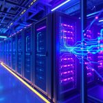 Kog Inference Engine ile standart GPU'larda 3.000 token/s hıza ulaşan gerçek zamanlı LLM çıkarımını gösteren fütüristik bir veri merkezi sunucu rafı.