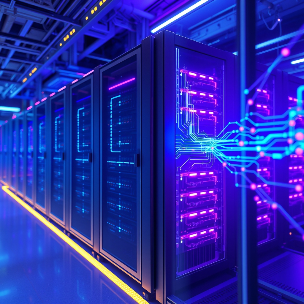 Kog Inference Engine ile standart GPU'larda 3.000 token/s hıza ulaşan gerçek zamanlı LLM çıkarımını gösteren fütüristik bir veri merkezi sunucu rafı.