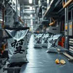 Japonya'daki nafta kıtlığı nedeniyle siyah-beyaz ambalajlara geçiş yapan Calbee patates cipsi ürünleri ve fabrika ortamı.
