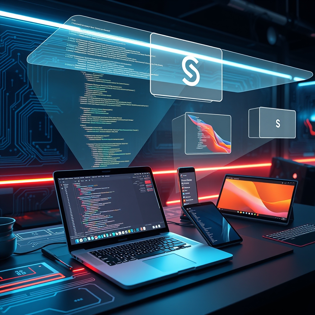 Perry ile TypeScript'ten yerel uygulamalar geliştiren bir geliştiricinin çalışma alanı, farklı platformlarda çalışan uygulamalar gösteriliyor.