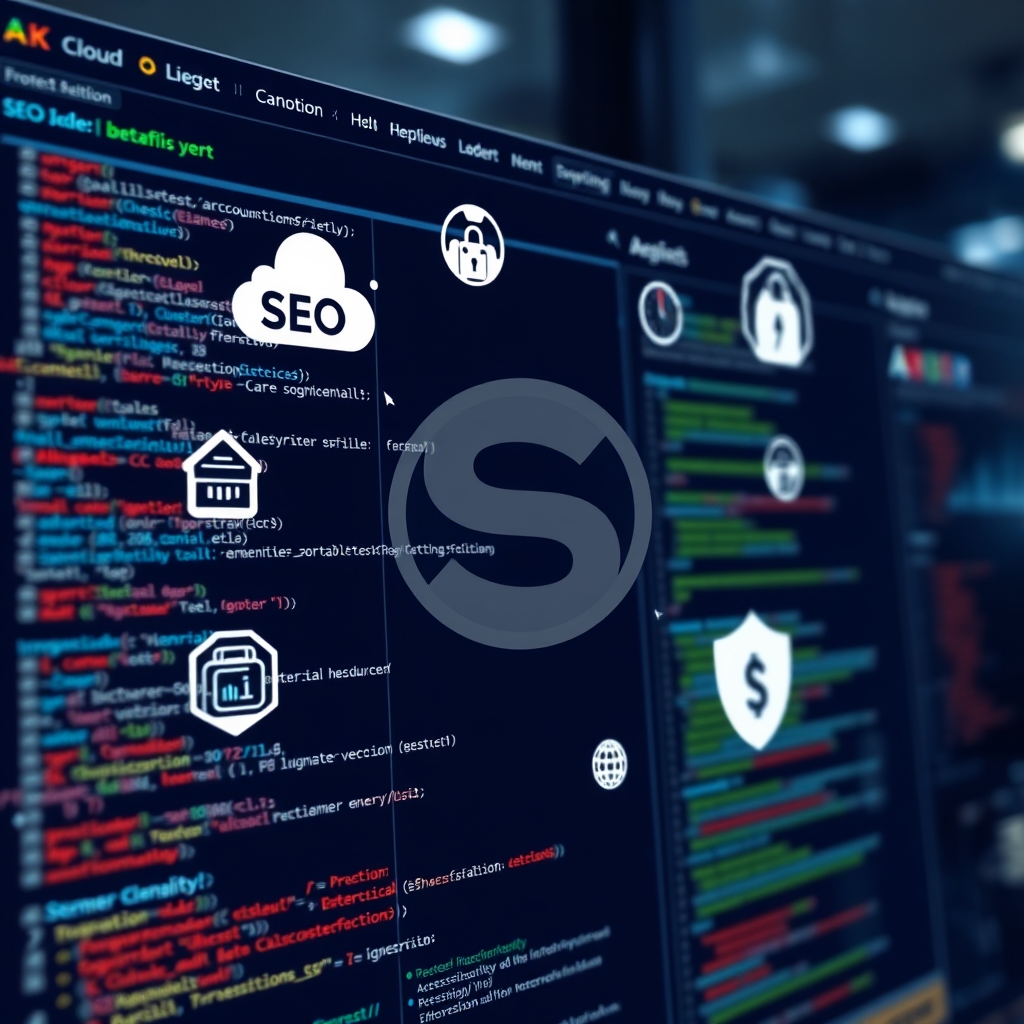 Web sitesi spesifikasyonlarını gösteren dijital arayüz, SEO, güvenlik ve erişilebilirlik ikonlarıyla birlikte