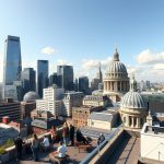 Londra'nın modern ve tarihi siluetini gözler önüne seren ücretsiz bir çatı terasından panoramik şehir manzarası.