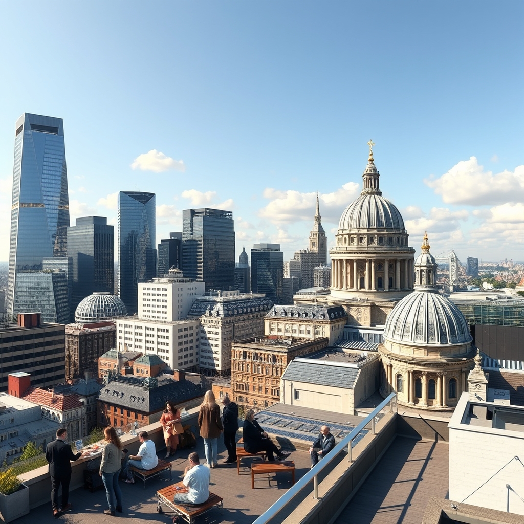 Londra'nın modern ve tarihi siluetini gözler önüne seren ücretsiz bir çatı terasından panoramik şehir manzarası.