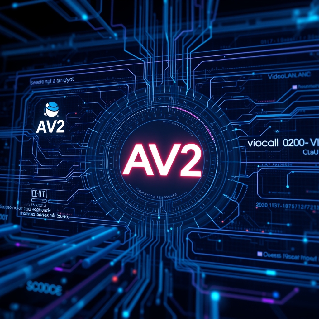 VideoLAN'ın yeni AV2 kodeği için geliştirdiği dav2d yazılım deşifreleyicisini temsil eden soyut dijital arayüz.