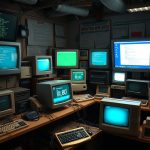 Virtual OS Museum'dan farklı tarihi işletim sistemlerinin ekran görüntülerini gösteren eski bir bilgisayar laboratuvarı