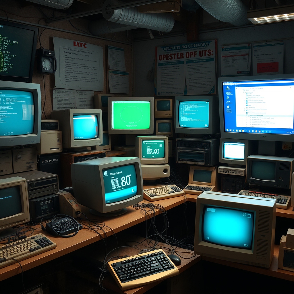Virtual OS Museum'dan farklı tarihi işletim sistemlerinin ekran görüntülerini gösteren eski bir bilgisayar laboratuvarı