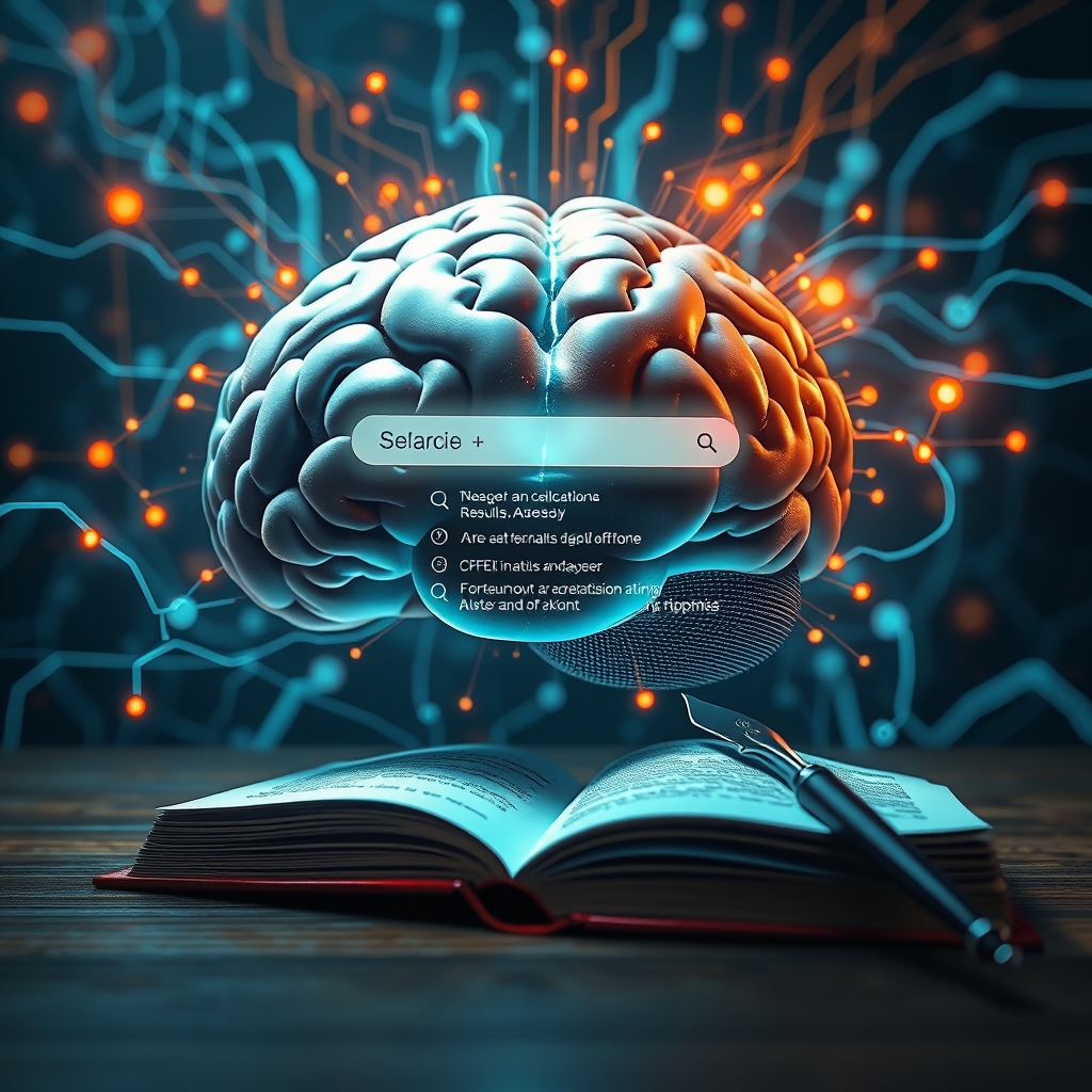 Yapay zekanın kitap yazımından Google Arama sonuçlarına kadar bilgi akışını nasıl etkilediğini gösteren kavramsal görsel.