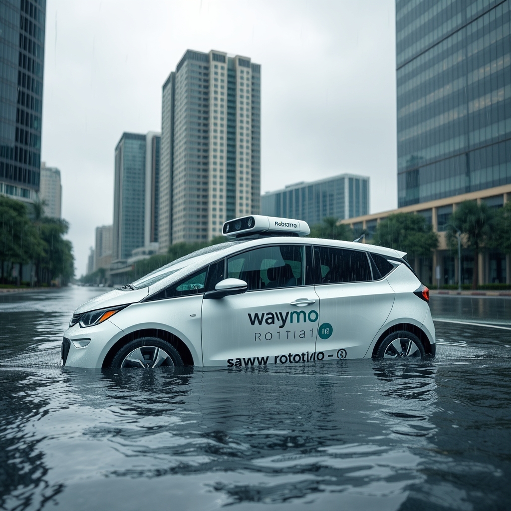 Atlanta'da sel sularına saplanmış beyaz bir Waymo robotaksi aracı
