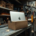 Uganda'da bir hırdavatçı dükkanında, metal malzemeler arasında bulunan ve zorlu yolculuğunu tamamlamış bir MacBook kutusu.