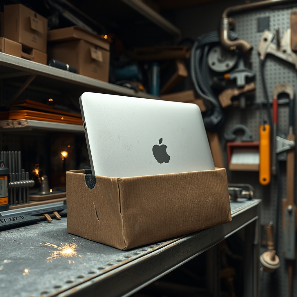 Uganda'da bir hırdavatçı dükkanında, metal malzemeler arasında bulunan ve zorlu yolculuğunu tamamlamış bir MacBook kutusu.