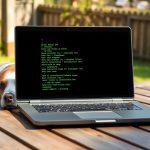 Eski bir laptopta çalışan minimalist Linux terminal ekranı, yanında dinlenen bir köpek ile odaklanmış yazma ortamını temsil ediyor.