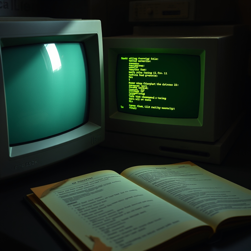 Eski bir IBM PC ve üzerinde açık kaynak 86-DOS kaynak kodunun çıktılarının bulunduğu bir masanın görseli.
