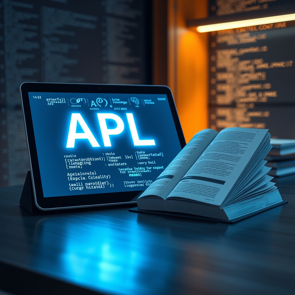Mastering Dyalog APL kitabının hem dijital hem de basılı versiyonlarını temsil eden, programlama sembolleriyle dolu açık bir tablet ve yanında basılı bir kitap.