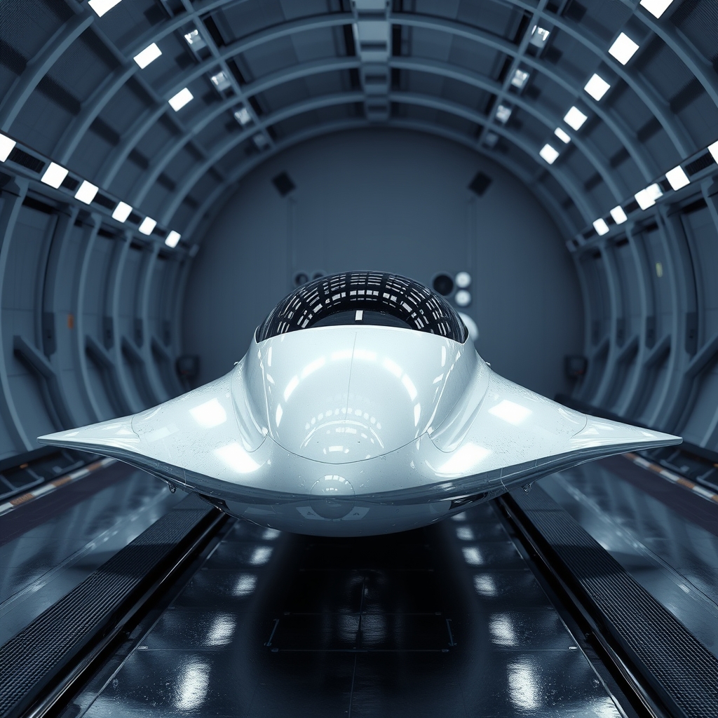 Rüzgar tünelinde aerodinamik testlerden geçen, pürüzsüz olmayan yüzeylere sahip fütüristik bir yüksek hızlı uçak veya tren. Yenilikçi yüzey detayları hava direncini azaltıyor.