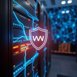 Mullvad VPN sunucularında 'Exit IP' azaltma önlemini temsil eden soyut güvenlik kalkanı ve ağ bağlantıları.