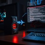 Creative Sound Blaster Katana V2X hoparlörün uzaktan hacklenmesini ve bir bilgisayarın ele geçirilmesini gösteren siber güvenlik konulu görsel.