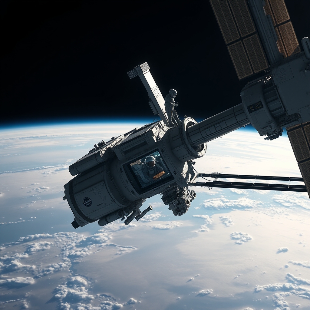 Uluslararası Uzay İstasyonu (ISS) yörüngede, hava sızıntısı yaşanan Zvezda modülü belirginleştirilmiş ve astronotlar görev başı yapmış bir şekilde