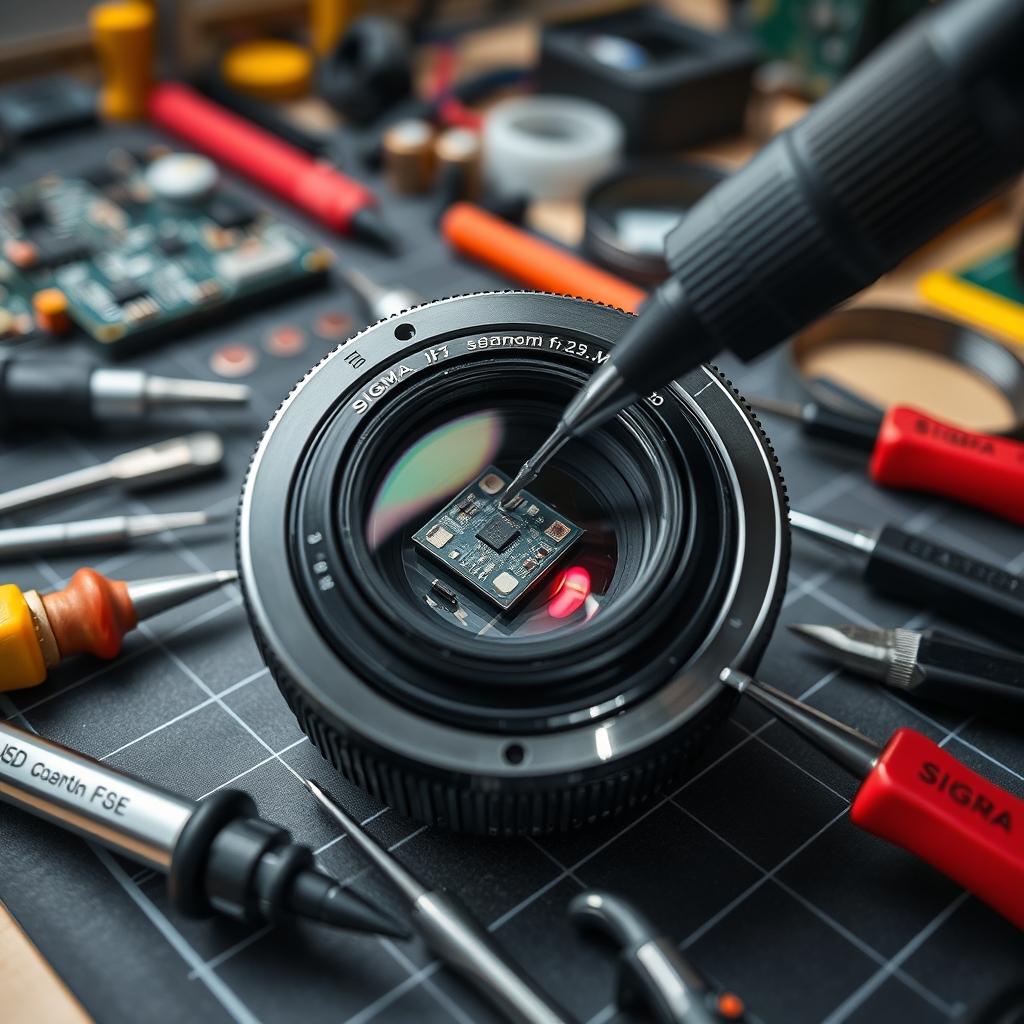 Sigma 45mm f/2.8 lensin sökülmüş hali ve tamir sürecini gösteren detaylı bir görüntü. PCB üzerindeki arızalı sigorta ve kullanılan tamir ekipmanları.