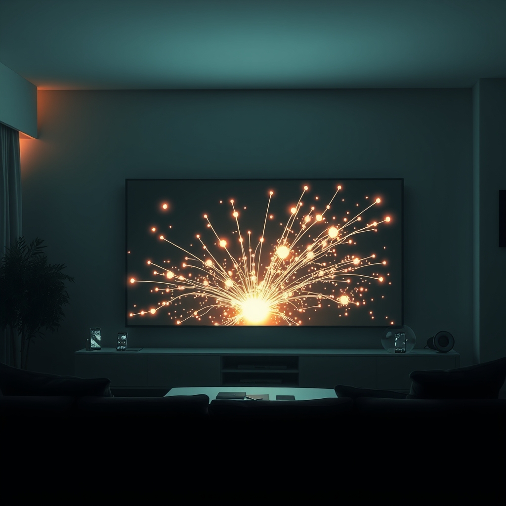 Yapay zeka modelleri için veri toplayan konut proxy ağına dönüşen akıllı TV'nin dijital gösterimi.
