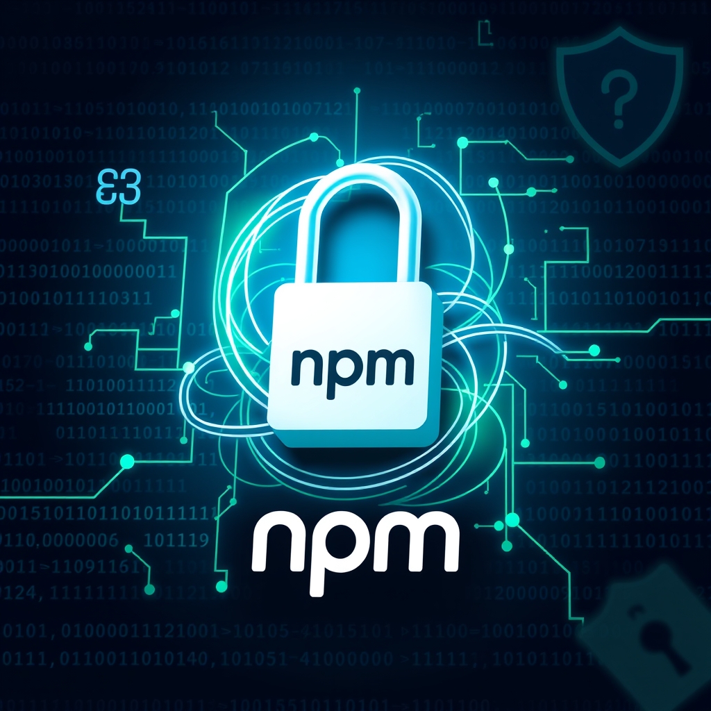npm v12'deki güvenlik odaklı kırıcı değişiklikleri temsil eden bir illüstrasyon. Kod satırları ve kilit simgesi ile npm logosu bir arada.