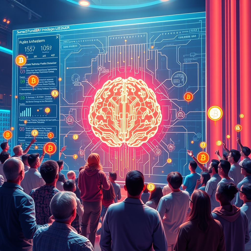 FablePool platformunda yapay zeka projelerini topluluk fonlamasıyla destekleyen insanları gösteren fütüristik bir görsel.