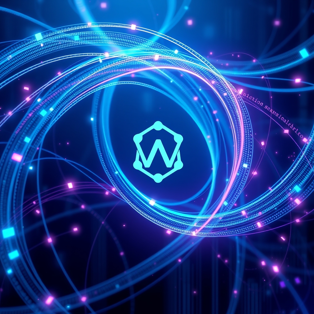 WebAssembly Component Model'in asenkron yeteneklerini gösteren dijital arayüzler ve kod akışlarıyla soyut ve fütüristik bir temsil.