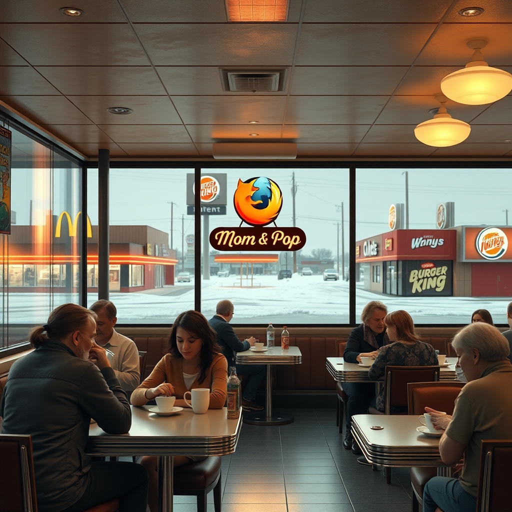 Mozilla'yı temsil eden samimi bir esnaf lokantası ile büyük kurumsal tarayıcıları temsil eden fast food zincirlerinin karşıtlığı.