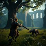 Gothic Remake oyunundan bir sahne, karakter ormanlık alanda molerat ile savaşırken, arka planda antik kalıntılar görünüyor.