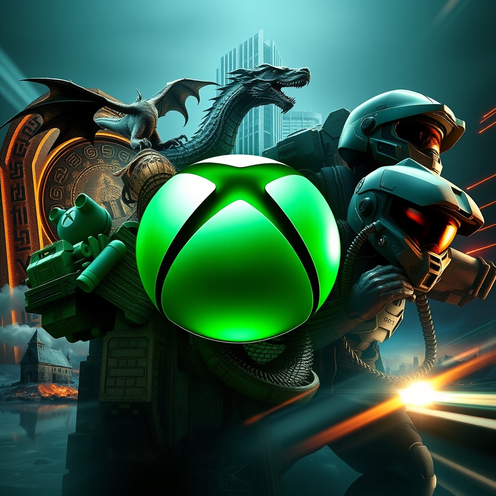 Xbox logosu, Elder Scrolls, Fallout ve Halo oyunlarından ikonik öğelerle çevrili, hızlandırılmış oyun geliştirme ve Microsoft'un stratejik kararlarını yansıtan dinamik bir görsel.