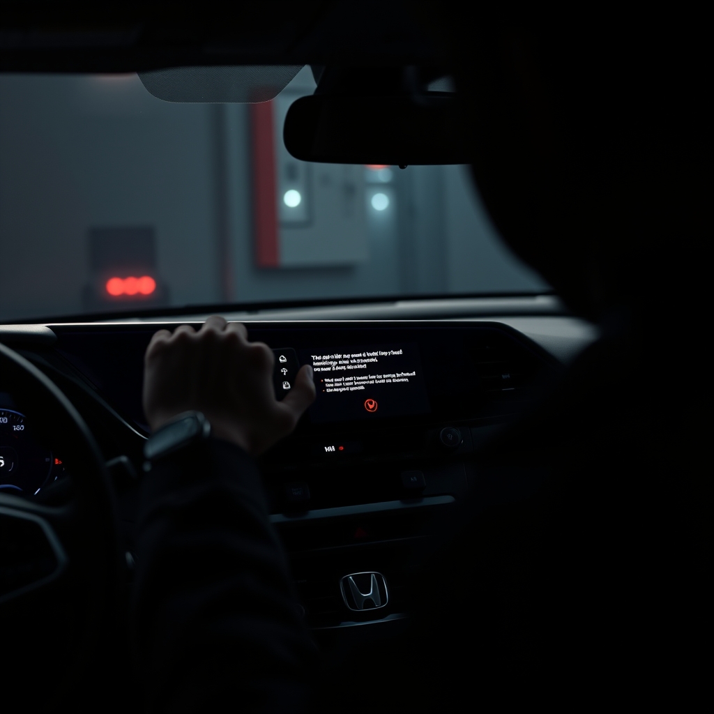 Honda Civic bilgi eğlence sistemine USB ile kod yükleyen gizemli bir valet figürü.