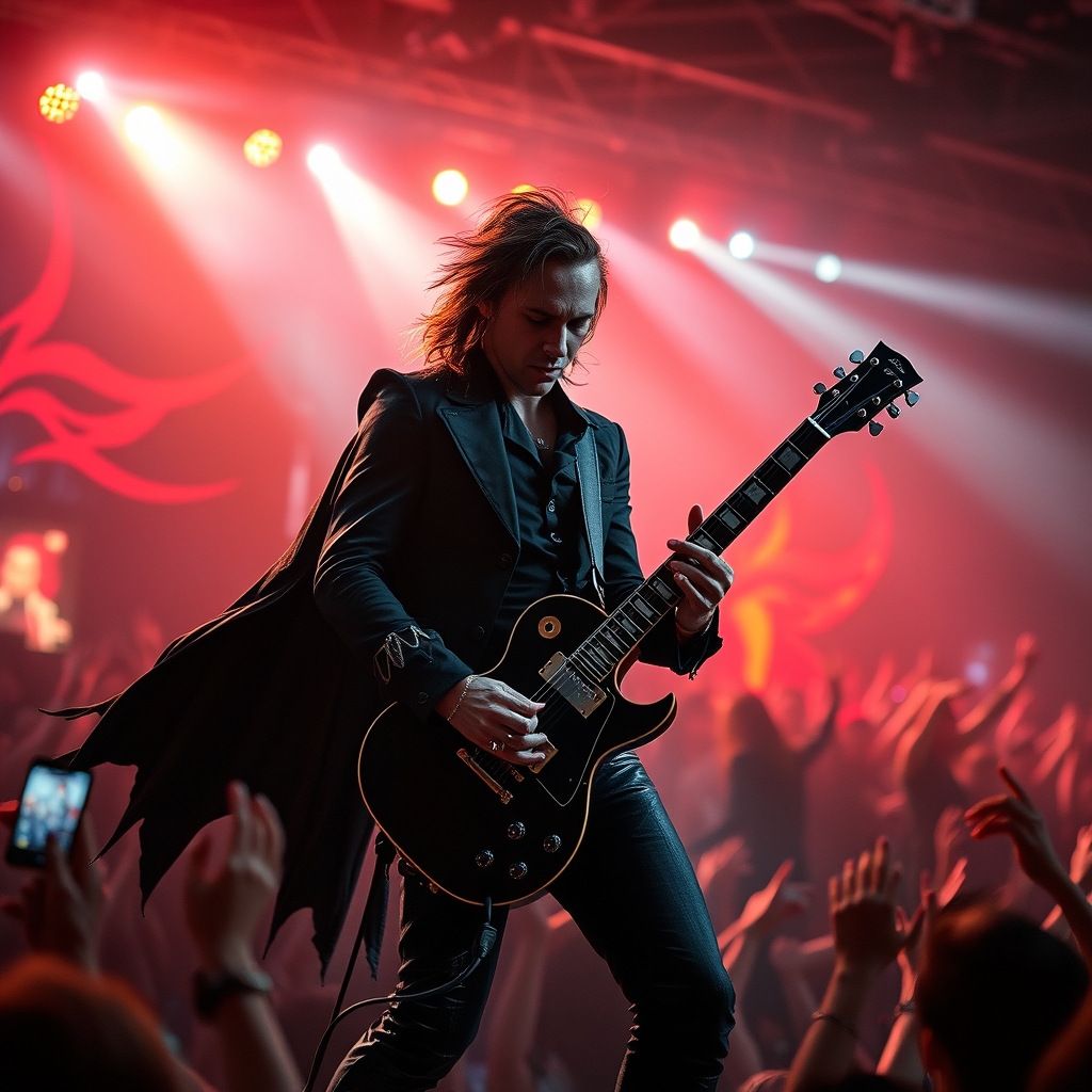 The Vampire Lestat Sezon 3'teki rock yıldızı Lestat'ın (Sam Reid) enerjik sahne performansı, canlı konser atmosferi ve izleyici kalabalığı.
