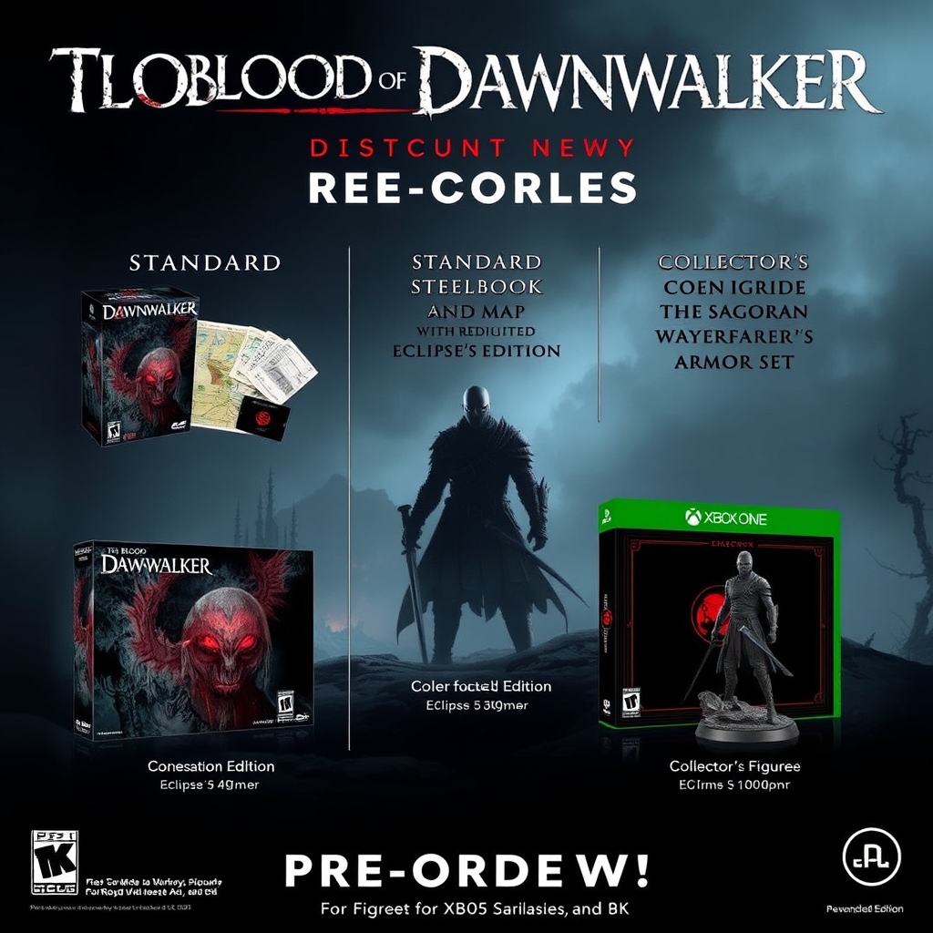 The Blood of Dawnwalker oyununun farklı ön sipariş sürümleri: Standard, Eclipse ve Collector's Edition'lar ile Coen figürü ve bonus zırh seti.
