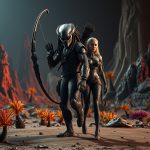 Predator: Badlands filminden bir sahnede Dek adlı Predator, Elle Fanning'in canlandırdığı Thia karakteri ile birlikte tehlikeli bir gezegende hayatta kalmaya çalışıyor.
