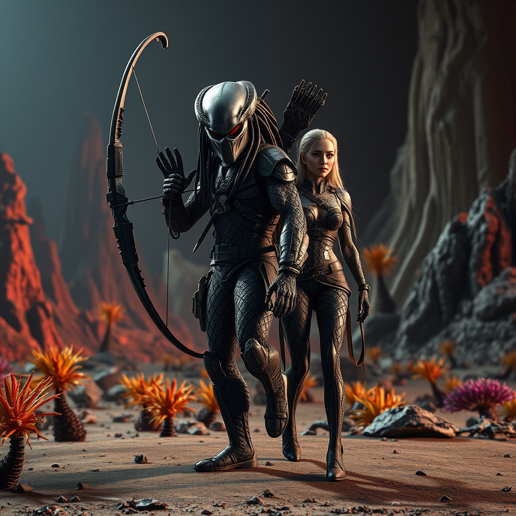 Predator: Badlands filminden bir sahnede Dek adlı Predator, Elle Fanning'in canlandırdığı Thia karakteri ile birlikte tehlikeli bir gezegende hayatta kalmaya çalışıyor.