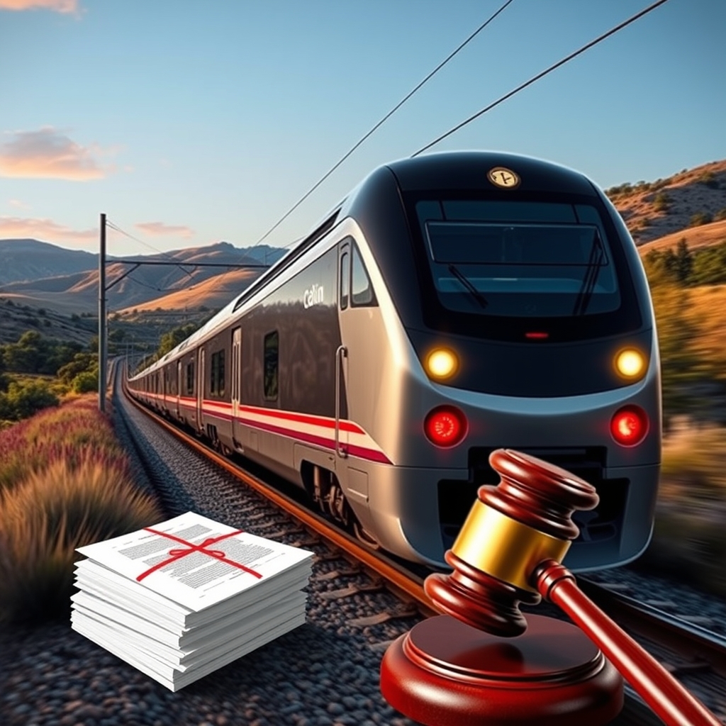 Caltrain elektrifikasyon projesinin gecikmesi ve maliyet artışı üzerine dava sürecini anlatan görsel.